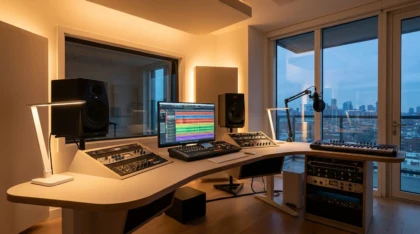 Modern home music production studio with DAW session on screen