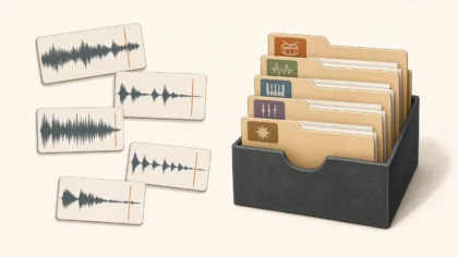 Editorial illustration contrasting individual audio samples with an organized sample-pack library.