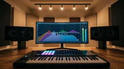 Modern music production studio with frequency spectrum display on monitor and studio equipment