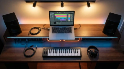 Overhead view of a modern music production workspace with laptop, MIDI keyboard, and studio monitors