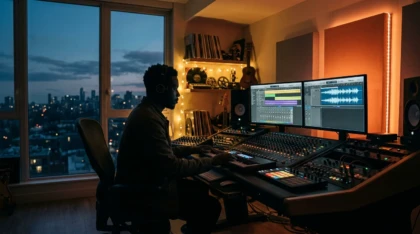 Producer working in a warmly lit home music studio