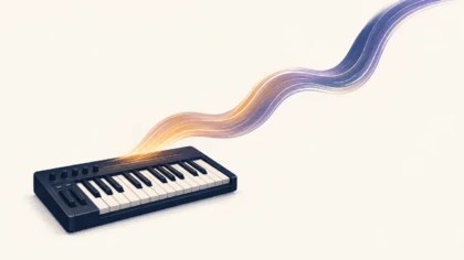 A MIDI keyboard with a luminous sound wave rising above it.