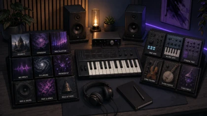 Professional music production setup contrasting sample browsing with playable instruments