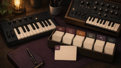 A curated group of sound options beside a MIDI keyboard
