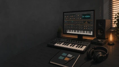 Home music studio workstation representing a large Synth1 preset library