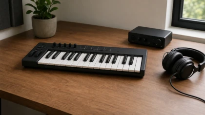A compact MIDI keyboard and studio headphones on a music-production desk