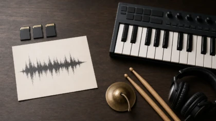 Editorial still life contrasting sample media with a MIDI keyboard and instruments.