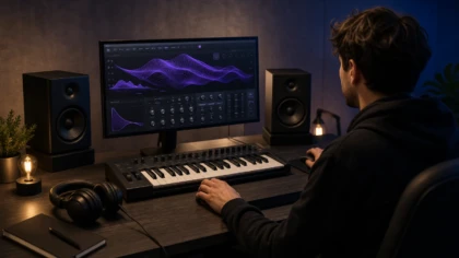 Producer working with a wavetable synthesizer and MIDI keyboard in a modern studio.