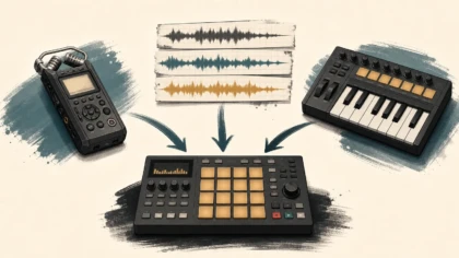 Editorial illustration of a field recorder, MIDI keyboard, and abstract audio waveform strips