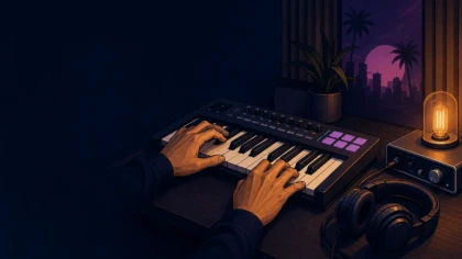 Editorial illustration of a producer working at a MIDI keyboard in a home studio.