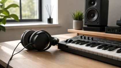 Studio headphones beside a MIDI keyboard in a music production workspace