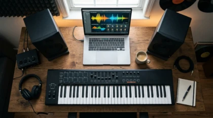 Home studio setup with MIDI keyboard and virtual instrument on screen