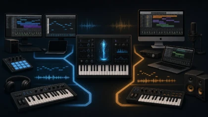 Editorial illustration of a VST3 and AU plugin workflow for music production
