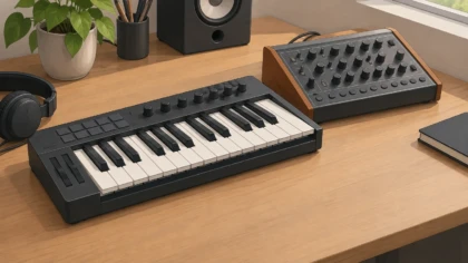 A MIDI keyboard and synthesizer arranged on a music-production desk
