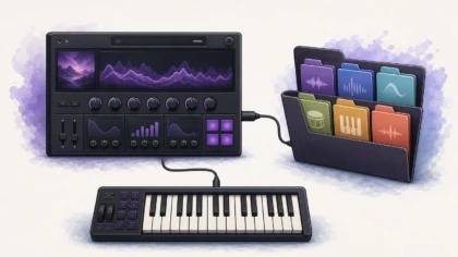 A virtual instrument paired with a separate sound library and MIDI keyboard.