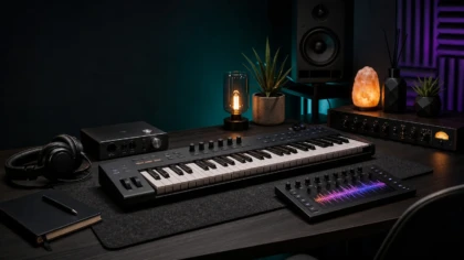 Modern music production desk arranged for FX sound design