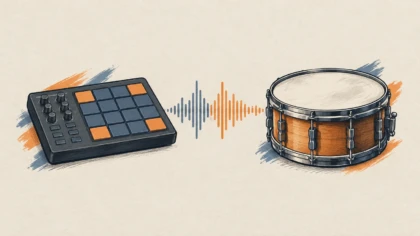 Illustrated MIDI drum pads and an acoustic snare representing drum VST workflows.