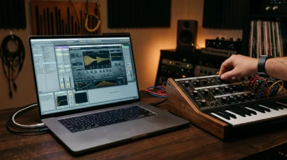 Software synthesizer on a laptop next to an analog hardware synth in a studio