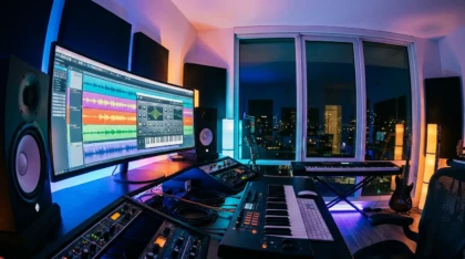 Modern home music studio with virtual synthesizer displayed on monitor and ambient lighting