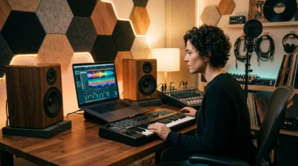 Music producer working in a home studio with a laptop and MIDI keyboard