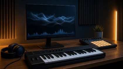 Modern trap beatmaking workspace with a MIDI keyboard, drum pads and an unbranded monitor showing abstract audio waveforms