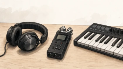Studio headphones, a field recorder and a compact MIDI keyboard arranged on a tabletop