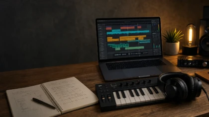 Professional producer workspace with MIDI keyboard and laptop for evaluating a custom sound bank.