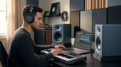 Music producer working on beats in a modern home studio with headphones and a laptop