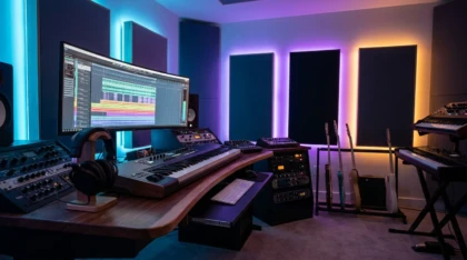 Modern home music studio setup with monitor displaying waveforms, MIDI keyboard, and studio headphones