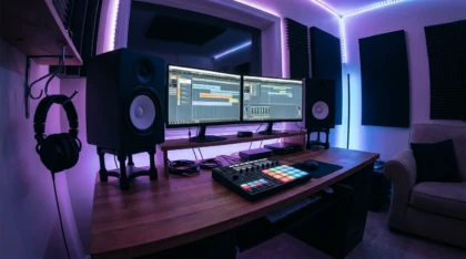 Atmospheric home studio with DAW screens and MIDI drum pad controller under ambient lighting