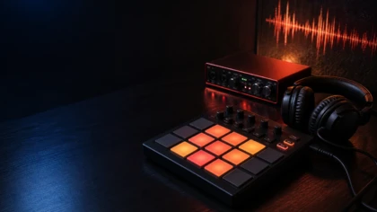 Dark music production desk with a generic pad controller and headphones for phonk beatmaking