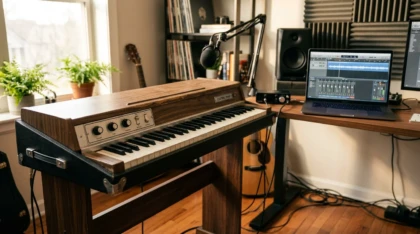 Vintage electric tine piano in a warm professional studio setting