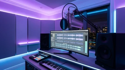 Modern home music studio with monitor displaying audio waveforms, condenser microphone, and ambient LED lighting