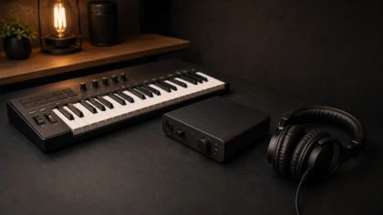 A MIDI keyboard, audio interface, and headphones arranged on a studio work surface