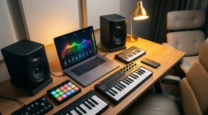 Modern music production workspace with equalizer plugin interface on laptop and studio equipment