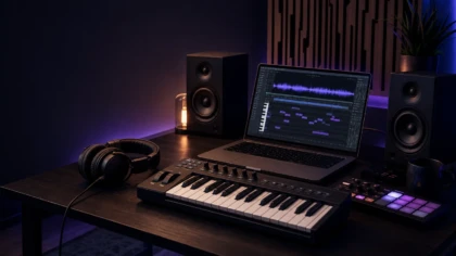 Professional music production workstation prepared for trap beatmaking