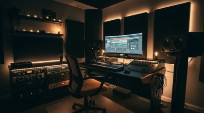 Professional music production studio with DAW on screen, studio monitors, and MIDI keyboard