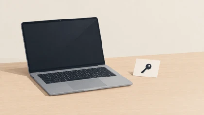 Unbranded laptop and generic key card representing VST license key delivery.