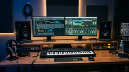 Professional music production workstation with plugin interfaces on dual monitors