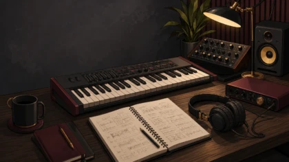 Professional music production desk with MIDI keyboard and studio equipment