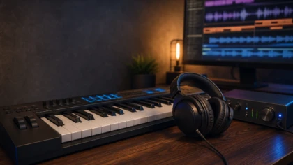 Editorial studio scene with a MIDI keyboard, headphones, and a focused sound-design setup for music production