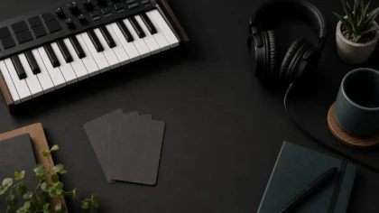 A MIDI keyboard and headphones arranged as a sound-bank pricing cover image.