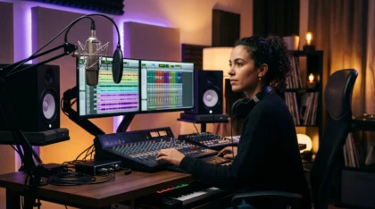 Music producer working on vocals at a modern home studio setup
