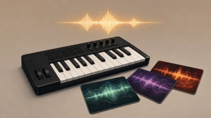 Editorial illustration of a MIDI keyboard beside a small curated set of sound-wave cards
