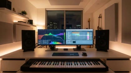 Modern home music production studio with equalizer curves displayed on dual monitors