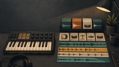 Editorial illustration contrasting a virtual instrument sound bank with organized audio sample files.